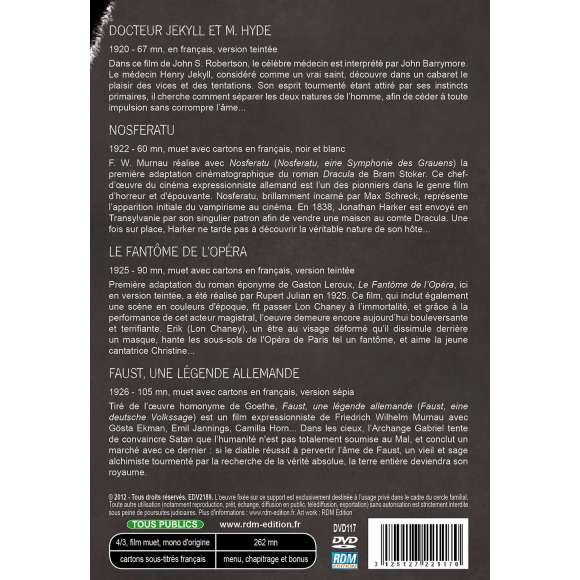 DVD - Film de John S. Robertson, Friedrich W. Murnau, Rupert Julian en DVD Classiques de l'épouvante (Les) - Docteur...