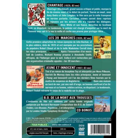 DVD - Film de Alfred Hitchcock en DVD Coffret Alfred Hitchcock 3 films + 1 CD - Chantage - Les 39 marches - Jeune et...