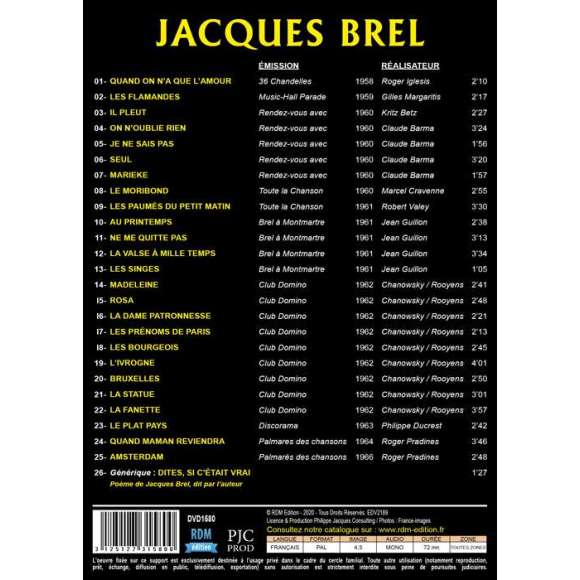 DVD - Film de  en DVD Jacques Brel - 25 chansons inoubliables