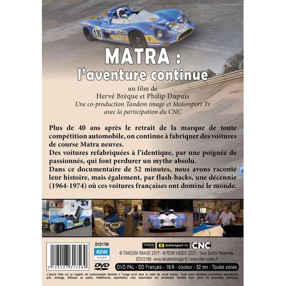 DVD - Film de Hervé Brèque, Philip Dupuis en DVD Matra : L'Aventure continue