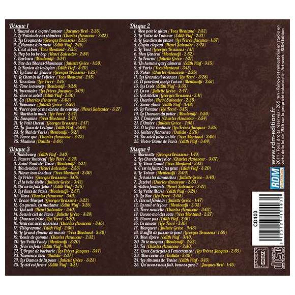 Brel,  Jacques, Aznavour, Charles, Brassens, Georges, Piaf, Edith, Montand, Yves, Salvador, Henri, Mouloudji , Gréco,...