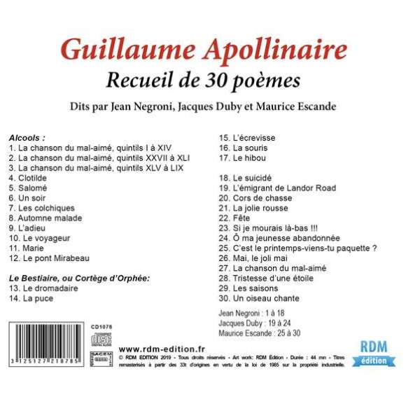 Negroni, Jean, Duby, Jacques, Escande, Maurice, Collection oeuvre lue - Guillaume Apollinaire : Recueil de 30 poèmes,...