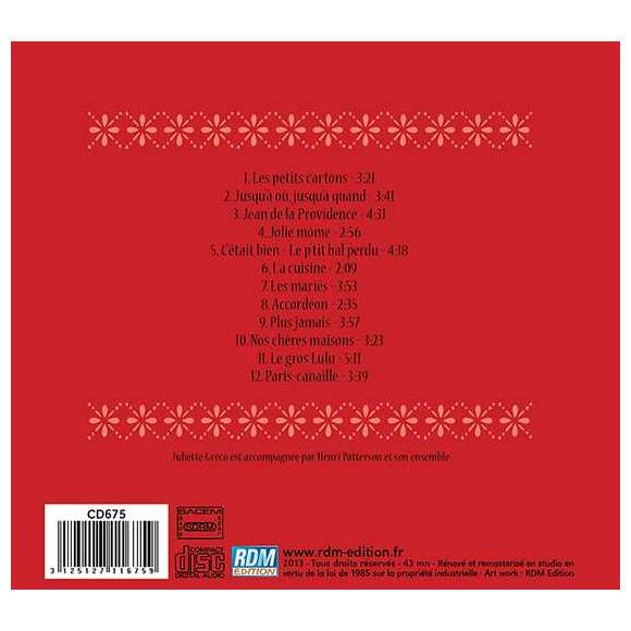 Gréco, Juliette, Juliette Gréco, enregistrement public en 1962 à l'A.B.C., Variétés françaises, RDM-Edition, Musique
