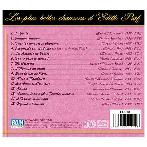 Piaf, Edith, Les plus belles chansons d'Edith Piaf - Volume 2, Variétés françaises, RDM-Edition, Musique