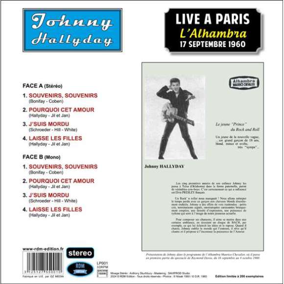 Hallyday, Johnny, Live à Paris, L'Alhambra - 17 septembre 1960 - Stéréo (Vinyle), Variétés françaises, Rock...